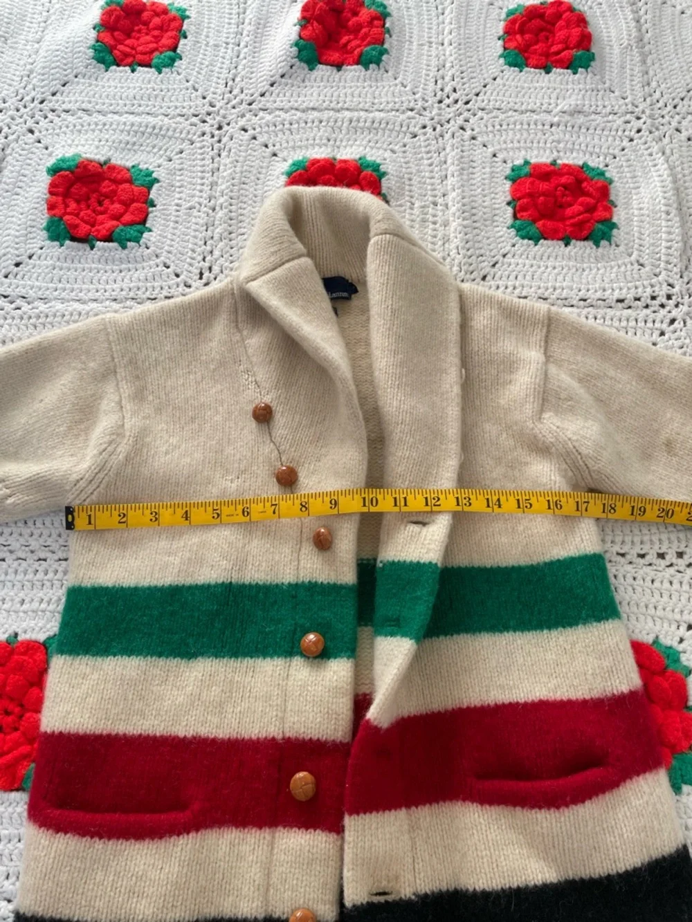 Ralph Lauren Hudson Bay  Wool Shawl Cardigan Striped Cream S Vintage 80’s - Picture 8 of 12